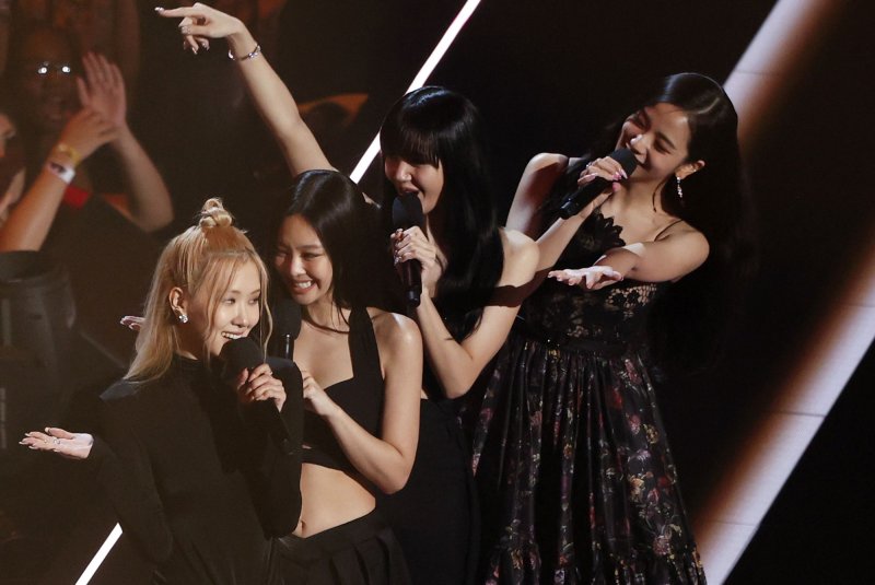 Blackpink speak on the stage at the MTV Video Music Awards at the Prudential Center in Newark, N.J., in 2022. File Photo by John Angelillo/UPI