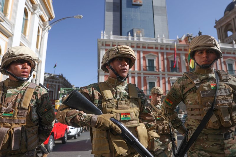 Military personnel surrounded government headquarters in La Paz, Bolivia, during what the nation's President Luis Arce and others denounced as a "coup d'etat" by a general who was dismissed Tuesday evening. Photo by Luis Gandarillas/EPA-EFE