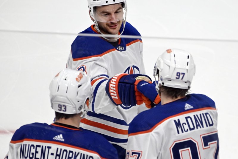 Edmonton Oilers forward Connor McDavid (R) totaled the fourth-most playoff points in NHL history during the 2024 postseason. File Photo by Archie Carpenter/UPI.