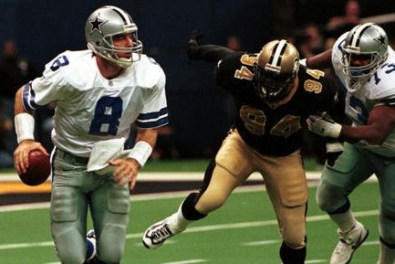 Hall of Fame offensive lineman Larry Allen (R) protected quarterback Troy Aikman during his tenure with the Dallas Cowboys. File Photo by A.J. Sisco/UPI