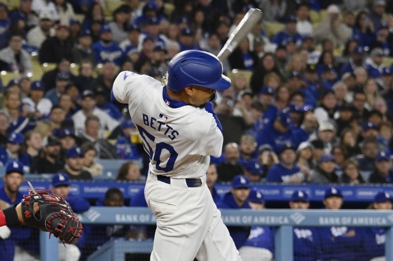 Los Angeles Dodgers second baseman Mookie Betts broke his left hand during a win over the Kansas City Royals on Sunday in Los Angeles. File Photo by Jim Ruymen/UPI