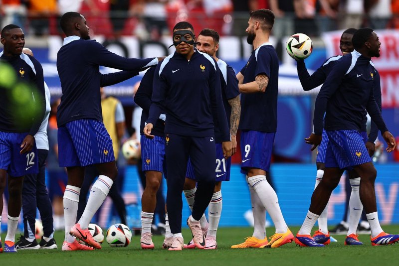 Kylian Mbappe (C) will start for France in a Euro 2024 match against Poland on Tuesday in Dortmund, Germany. Photo by Filip Singer/EPA-EFE