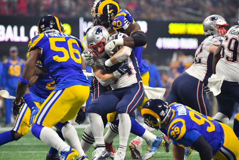 Former Los Angeles Rams defensive tackle Michael Brockers (C) played in Super Bowl LIII in 2019 in Atlanta. File Photo by Kevin Dietsch/UPI