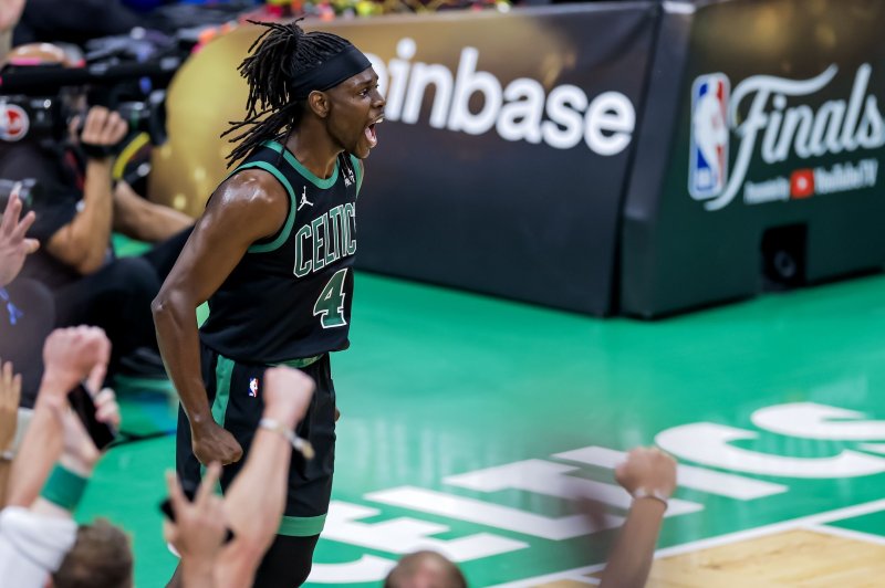 Boston Celtics guard Jrue Holiday reacts during the first half a win over the Dallas Mavericks in Game 2 of the NBA Finals on Sunday at TD Garden in Boston. Photo by C.J. Gunther/EPA-EFE