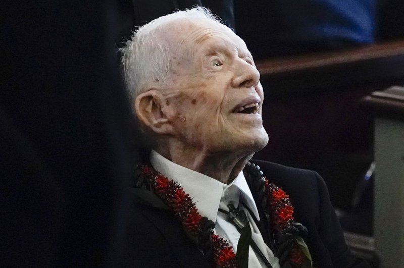 Former President Jimmy Carter departs after the funeral service for former first lady Rosalynn Carter at Maranatha Baptist Church on November. 29, 2023, in Plains, Ga. The former first lady was 96. Pool Photo by Alex Brandon/UPI