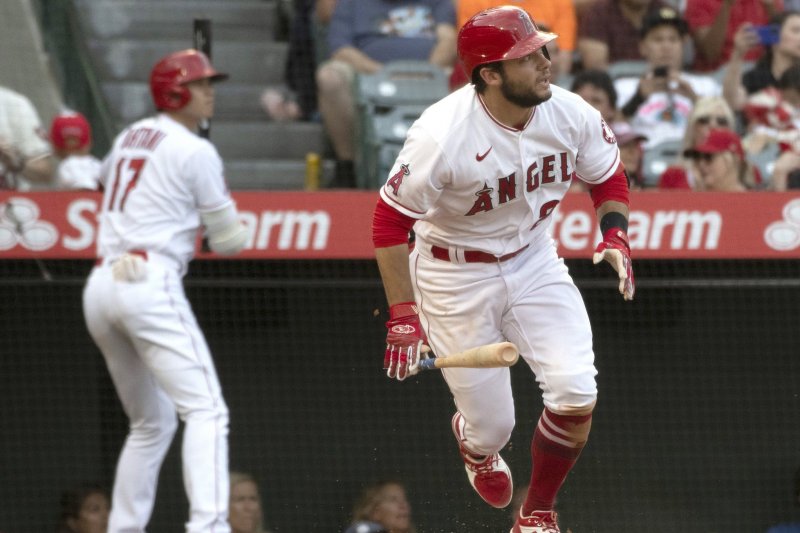 Former Los Angeles Angels infielder David Fletcher (R) was teammates with Shohei Ohtani for six years. File Photo by Michael Goulding/UPI