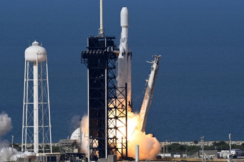 A SpaceX Falcon 9 Heavy rocket launches the GOES-U weather satellite for NOAA and NASA from Complex 39A at the Kennedy Space Center in Florida on Tuesday. Photo by Joe Marino/UPI