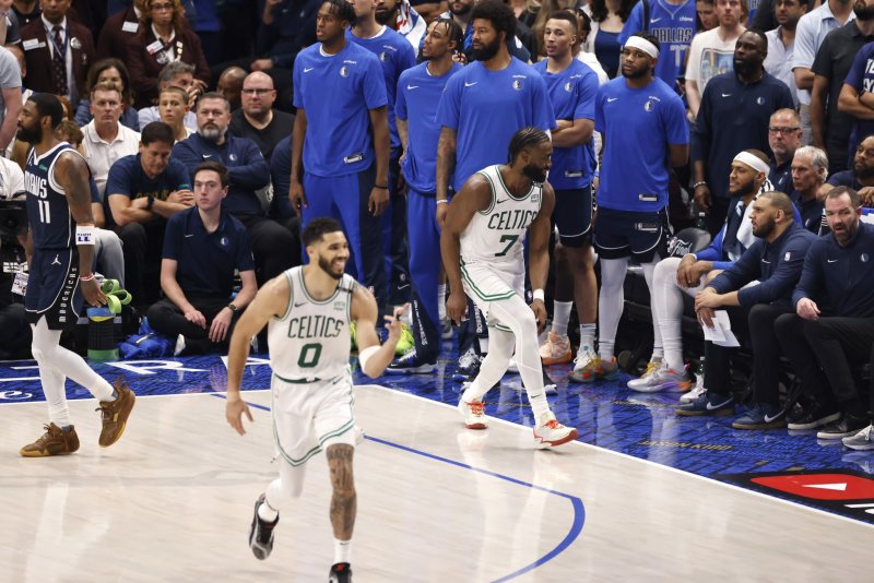 Boston Celtics forwards Jayson Tatum (L) and Jaylen Brown (R) celebrate during a Game 3 win over the Dallas Mavericks in the 2024 NBA Finals on Wednesday at the American Airlines Center in Dallas. Photo by Adam Davis/EPA-EFE