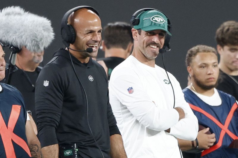 New York Jets head coach Robert Saleh said quarterback Aaron Rodgers informed him earlier this off-season that he would not attend mandatory minicamp. File Photo by John Angelillo/UPI