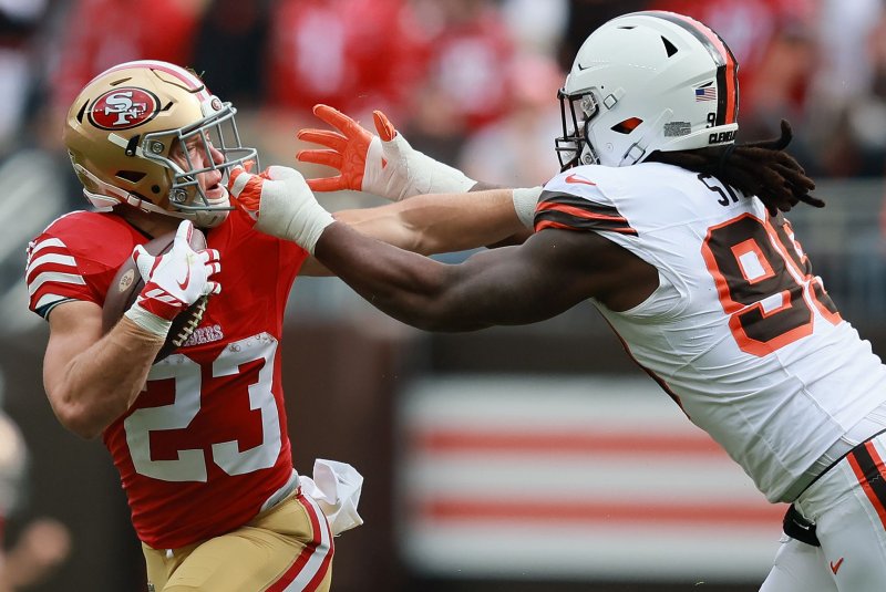 San Francisco 49ers running back Christian McCaffrey (L) led the NFL in yards from scrimmage and rushing yards last season. File Photo by Aaron Josefczyk/UPI