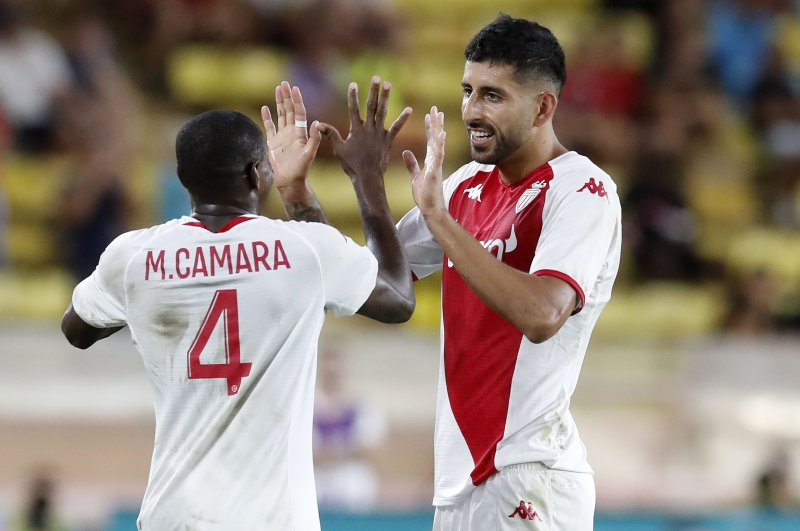 Monaco's Mohamed Camara (L) placed tape over an anti-homophobic logo on his jersey during a win over Nantes on May 19 in Monaco. Photo by Sebastien Nogier/EPA-EFE