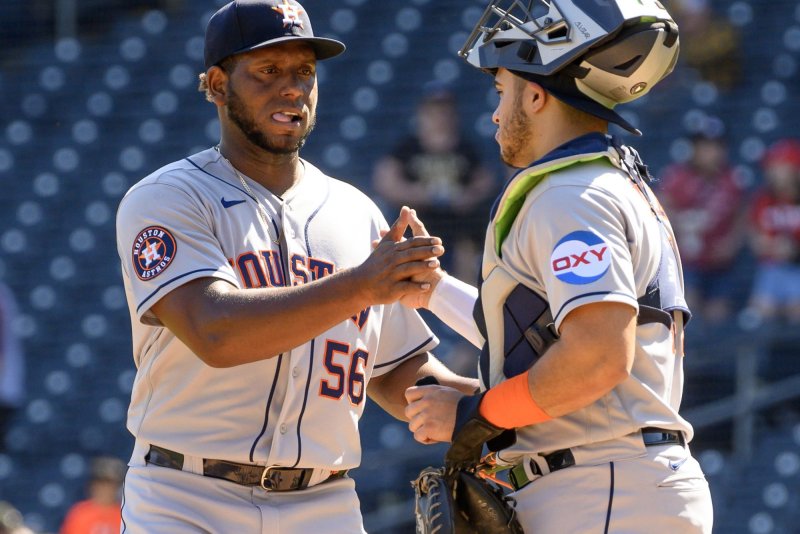 Houston Astros pitcher Ronel Blanco (L) now faces a potential 10-game suspension from MLB. File Photo by Archie Carpenter/UPI