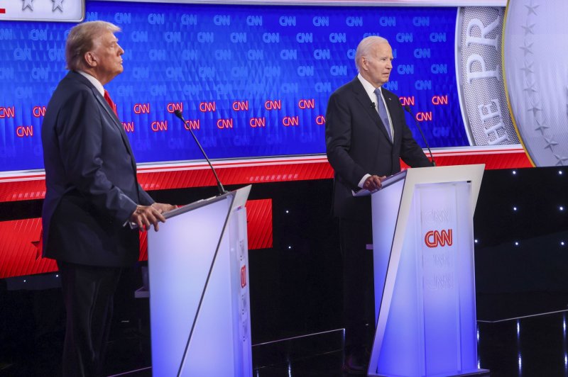 U.S. President Joe Biden (R) and former President Donald J. Trump (L) participate in the first 2024 presidential election debate at CNN Atlanta studios in Atlanta, Ga., on Thursday. Photo by Michael Reynolds/EPA-EFE