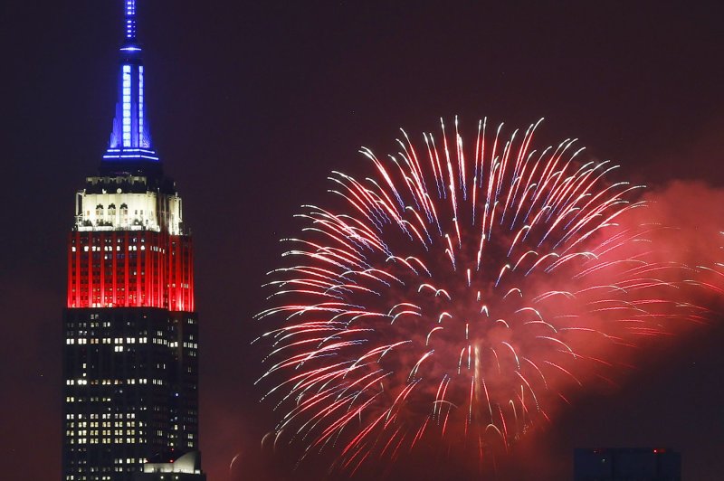 Fireworks explode over the Empire State Building and the Manhattan skyline for Fourth of July celebrations this past year. Inside every firework is a specific combination of metals and salts that determines what colors will appear in the sky when the firework explodes. File Photo by John Angelillo/UPI